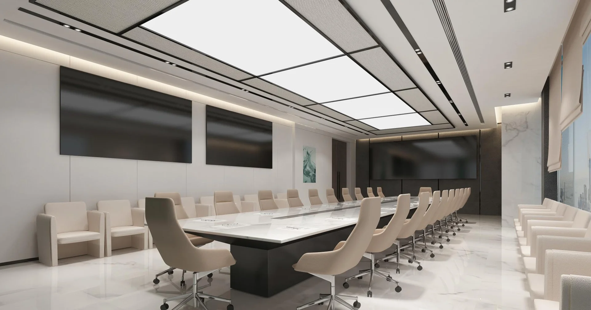 Boardroom visualisation with a long table and a luminous ceiling panel.