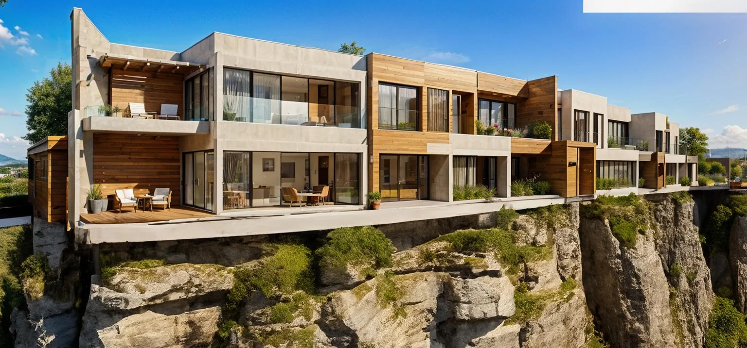 Resort visualisation showing terraced buildings above a rocky landscape.