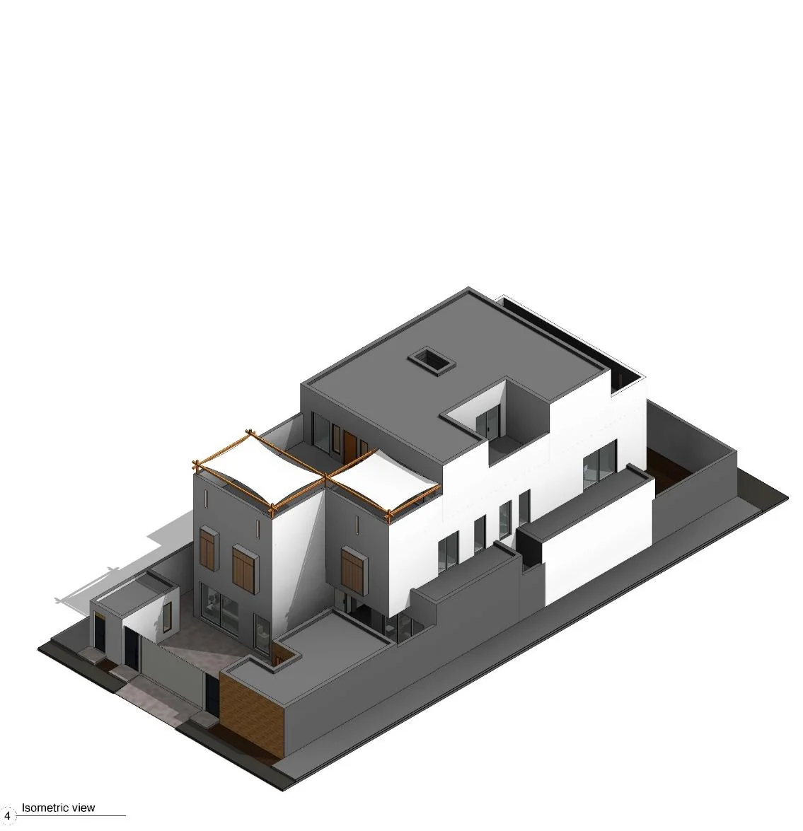Axonometric drawing of a building with terraces and shaded openings.