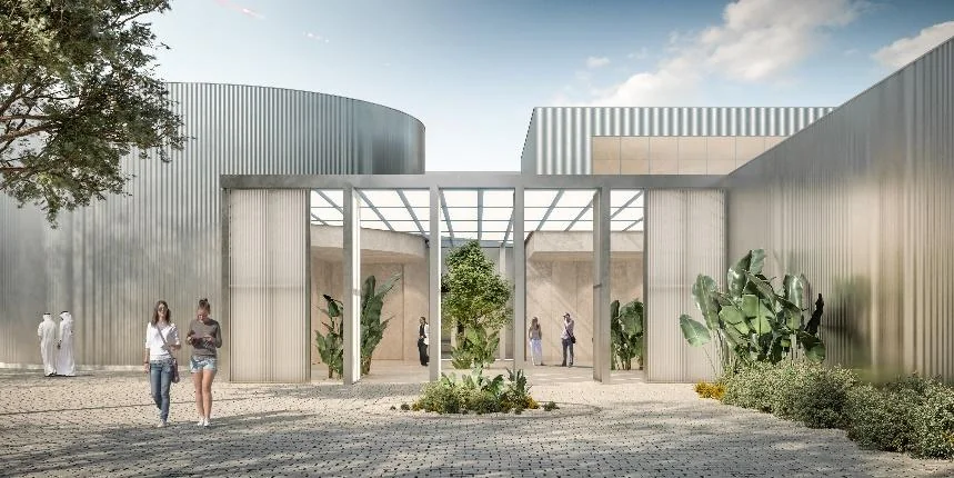 Building entrance visualisation with a glazed canopy and pale vertical cladding.