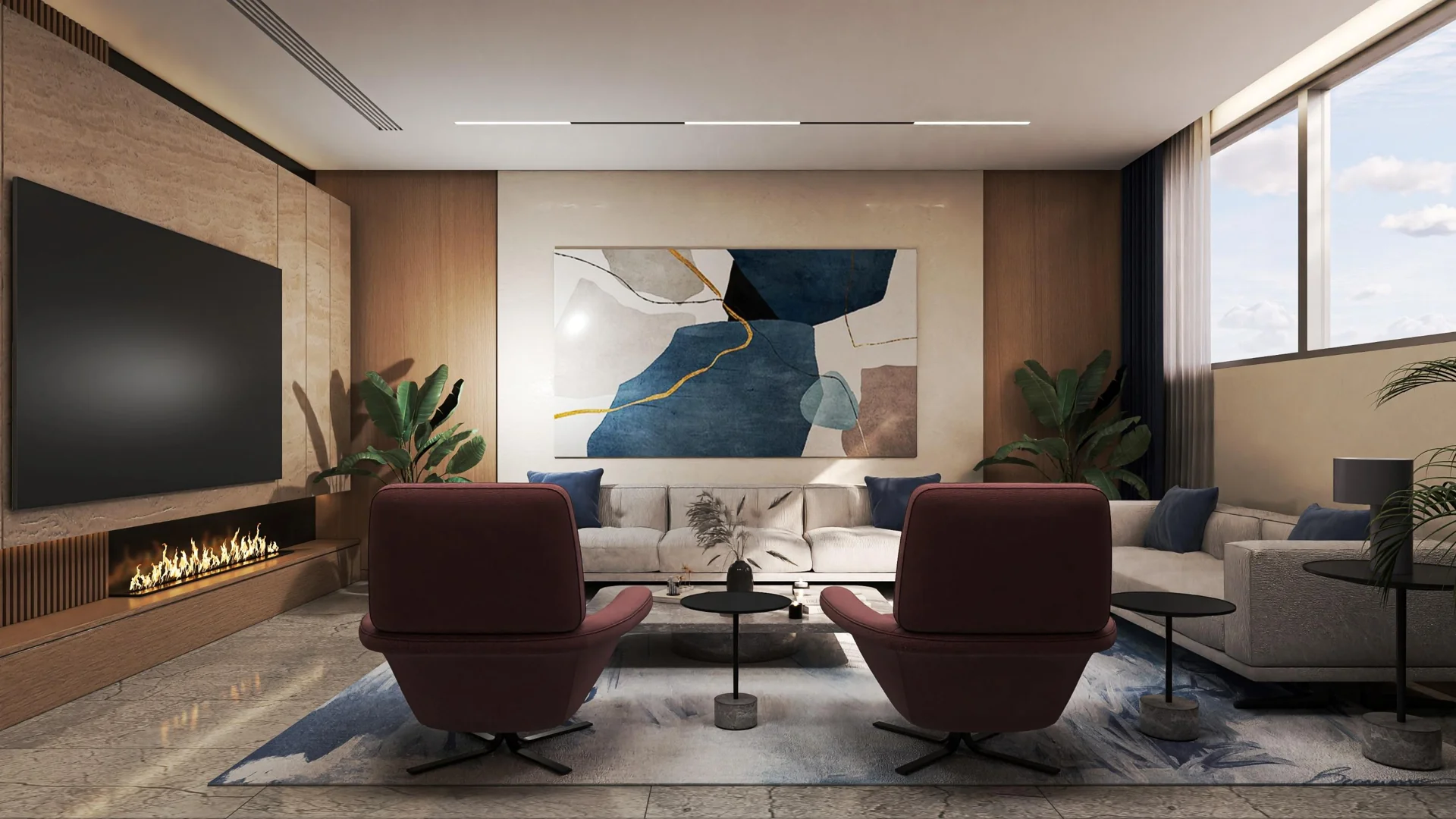 Lounge visualisation with a fireplace, artwork and mixed seating.