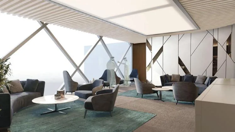 Lounge visualisation with low seating beside diagonal facade glazing.