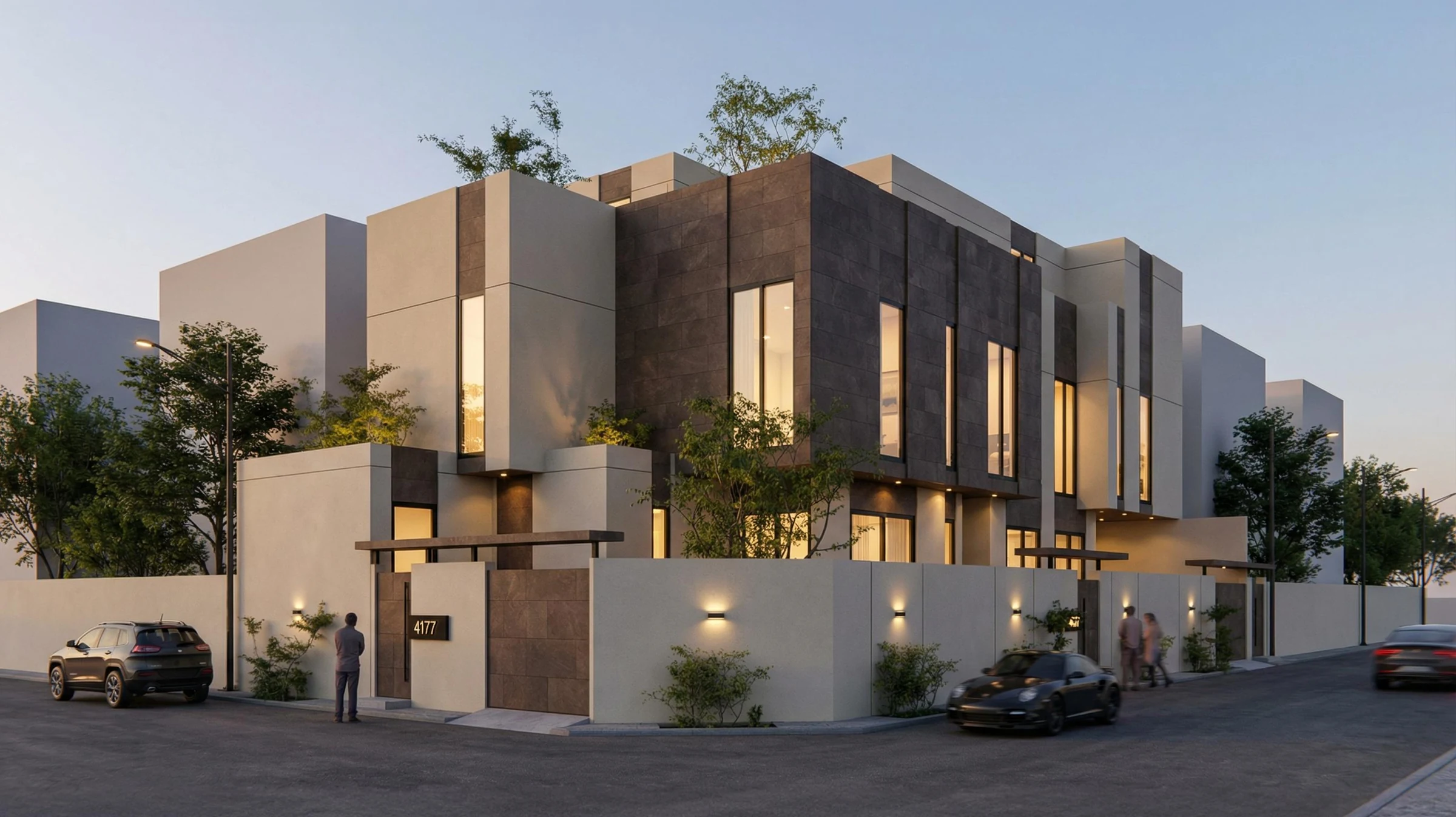 Corner view of the villa with layered volumes and planted terraces.