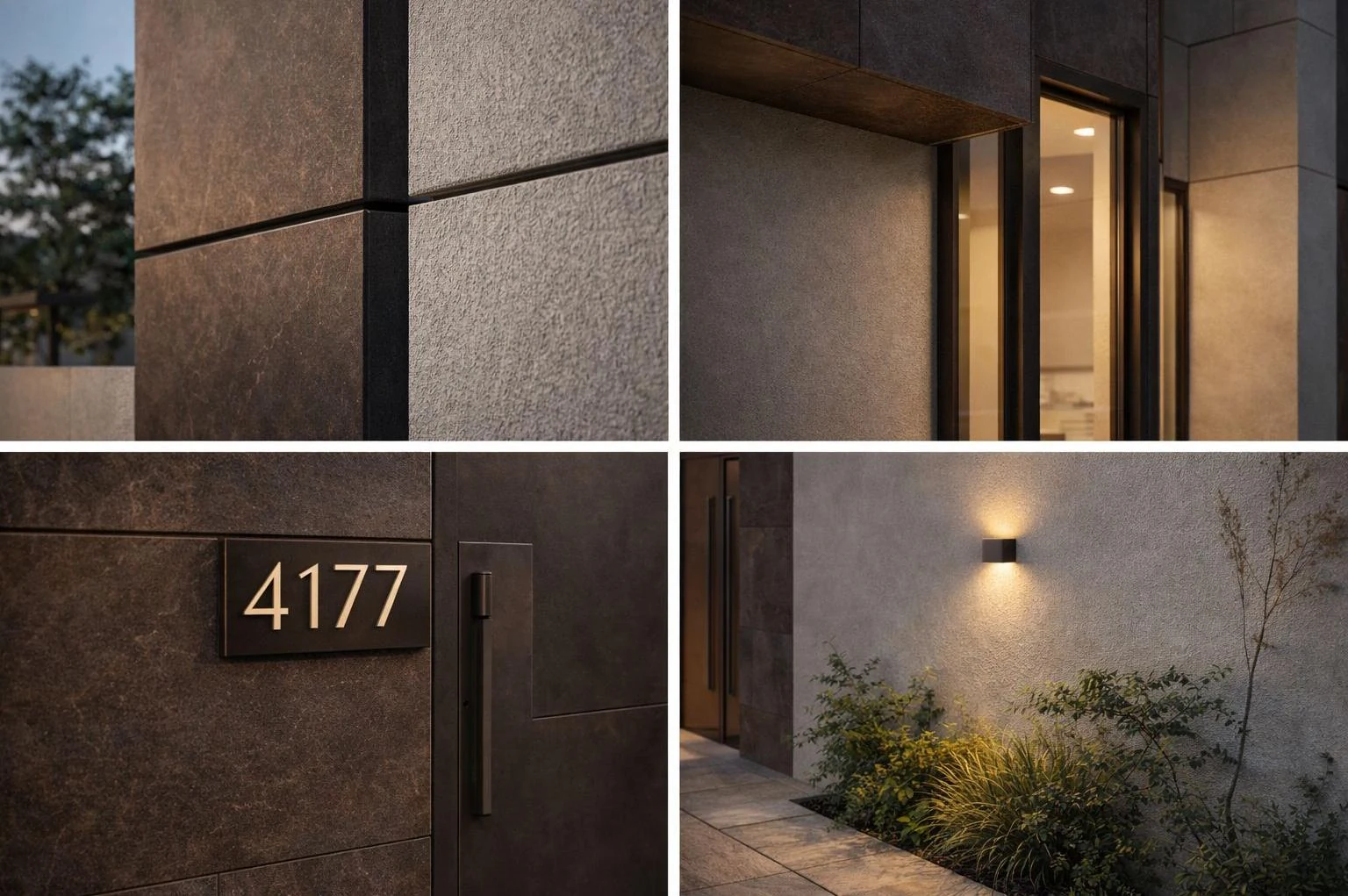 Close studies of stone textures, window frames and exterior lighting.