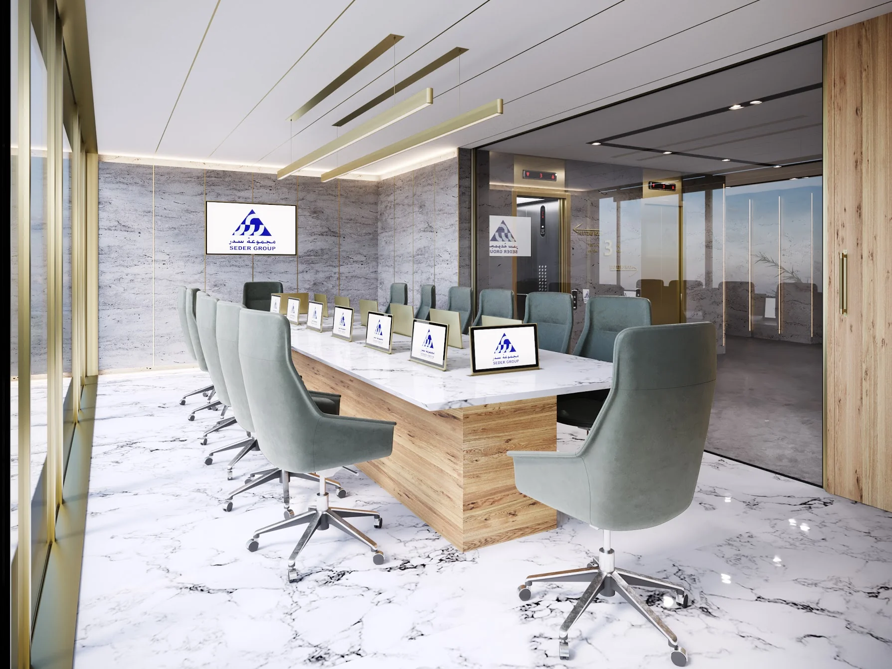 Boardroom visualisation with a long table, display screens and pale stone finishes.
