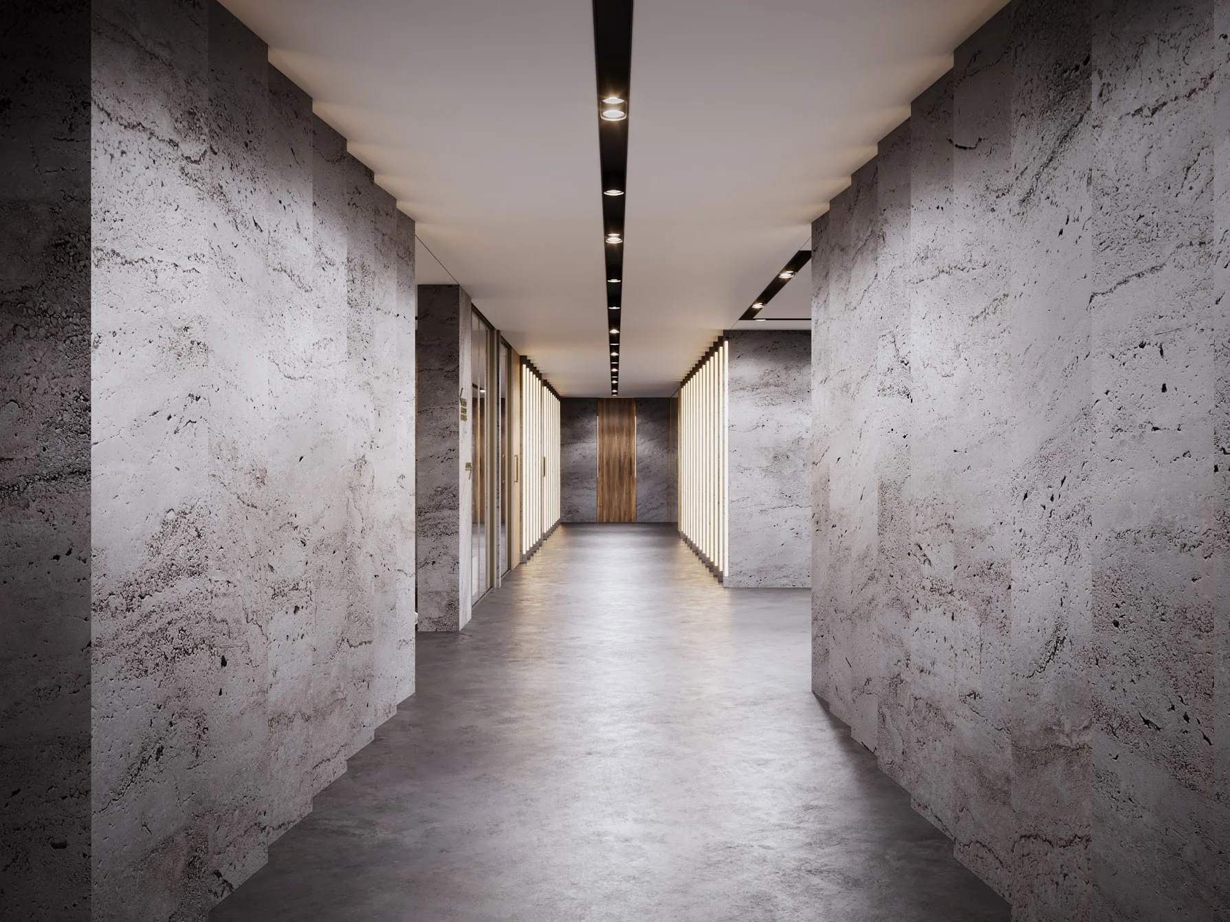 Corridor visualisation with pale textured walls and dark ceiling lighting.